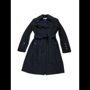 Kenneth Cole NY 60% Wool Black Belted Trench Coat Purple Lining Quiet Luxury 8